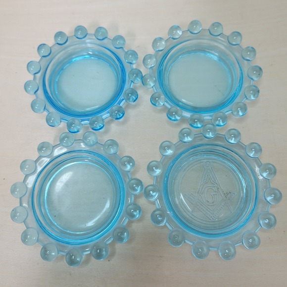 4 Vintage Blue Glass Coasters‎ Bobble Border 1 has Masonic Etched Symbol
